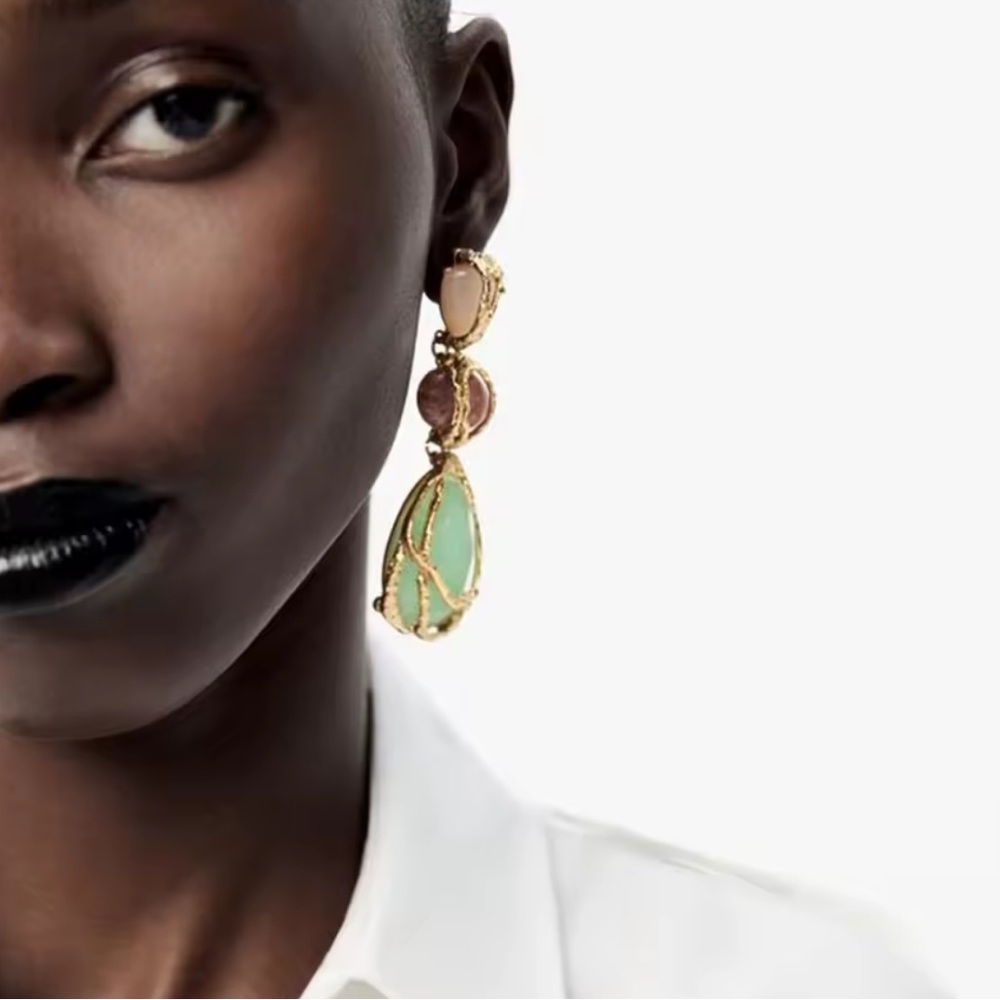 Zara Gold Green Stone Drop Earrings - Picture 5 of 10